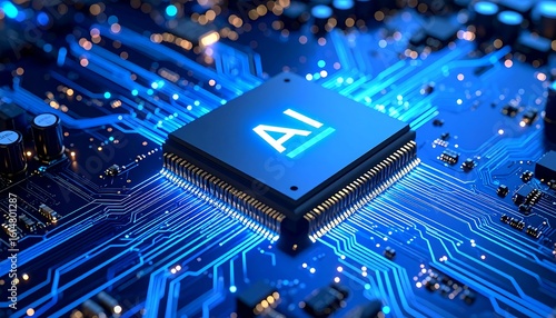 Close-up of a glowing AI microchip on a circuit board