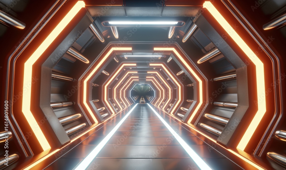 Obraz premium Futuristic metallic corridor with glowing lights and geometric design elements