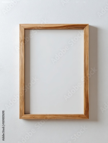 Minimalist blank wood frame hangs on a plain white wall with subtle shadows