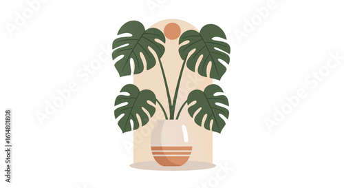 Monstera Deliciosa: An eye-pleasing Monstera Deliciosa in vase artfully composed against an interior design background, showcasing clean lines and botanical beauty.