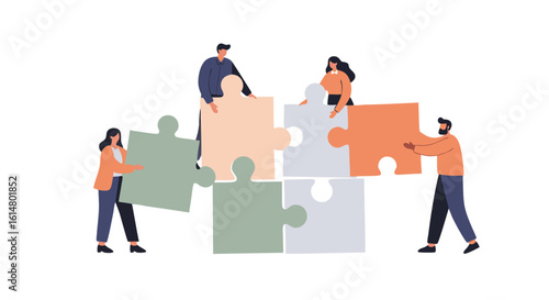Collaboration in Harmony: A dedicated group of individuals meticulously unites puzzle pieces, showcasing the essence of teamwork and shared objectives. 