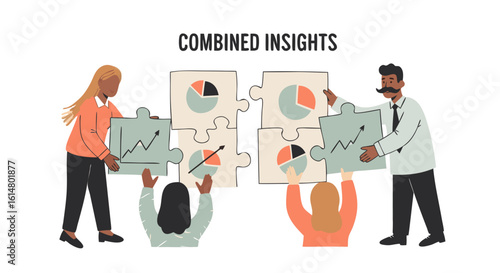 Combined Insights: A vibrant illustration of people joining puzzle pieces, symbolizing collaborative problem-solving and combined insights in business.