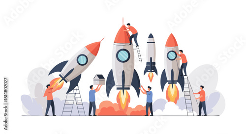 Rocket Teamwork: A graphic depicts a team of individuals collaborating to build and launch rockets. Emphasizing innovation, progress, and the power of teamwork