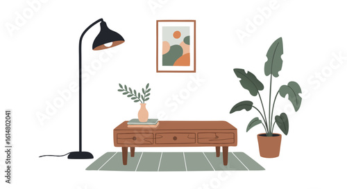 Minimalist Living Room Interior: A digitally crafted minimalist living room design showcases clean lines and natural elements for a contemporary aesthetic, perfect for showcasing home decor