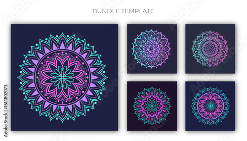 Colorful Neon Mandala Ornament Bundle Template Set – Decorative Bohemian Geometric Pattern Collection with Abstract Floral Symmetry, Sacred Lotus Inspired Circular Design, Psychedelic Glow Art for Med