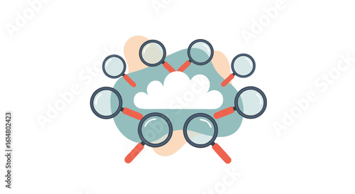 Cloud Search: A cluster of magnifying glasses converge on a fluffy cloud, symbolizing the act of investigating and uncovering information in the digital realm.
