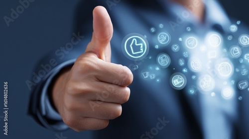 Person giving thumbs up with glowing digital icons