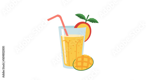 Tropical Refreshment: A vibrant, photorealistic illustration of a refreshing mango juice, garnished with mango slice and a straw, inviting to enjoy a taste of the tropics.