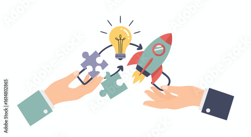 Hand Synergy with Rocket: A vibrant illustration of collaboration and innovation, with hands working together to launch a rocket, representing a bright idea and the synergy of teamwork.