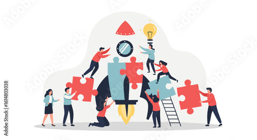 Creative Minds: A collaborative illustration showing a group of people assembling a rocket, symbolizing the ignition of innovative ideas and collective effort to launch new project 