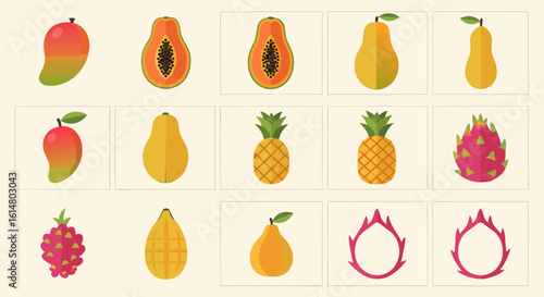 Exotic Fruit Selection: A vibrant collection of various tropical fruits including mangoes, papayas, pineapples, pears and dragon fruits, beautifully arranged, showcasing a diverse array of colors.