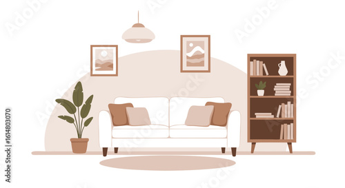 Cozy Living Room Interior Design: a warm and inviting living space featuring a modern sofa, bookshelf, and decorative artwork, creating a sense of tranquility and homely comfort.