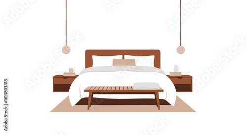 Modern Bedroom Interior: A stylish bedroom showcases a minimalist interior, featuring a bed with cushions and side tables, illuminated by pendant lights creating a sense of elegance.