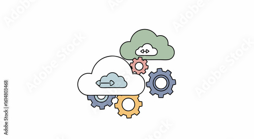 Cloud Computing Concept: A minimalistic graphic composition presents a harmonious blend of cloud, gears, and data transfer, embodying modern technology and efficient data management.