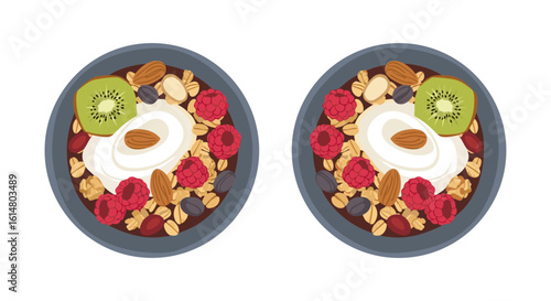 Healthy Delight Bowl: Overhead shot of two beautifully arranged bowls filled with healthy ingredients, offering a visually appealing and nutritious start to the day.