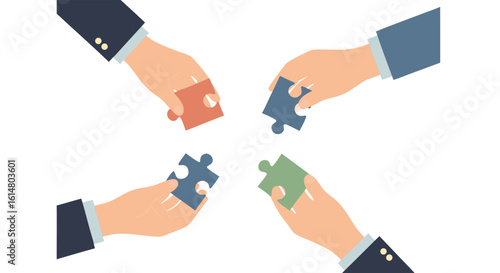 Collaboration Puzzle: A visual representation of collaboration shows four hands, each holding a puzzle piece, converging to signify unity and teamwork toward a common objective.