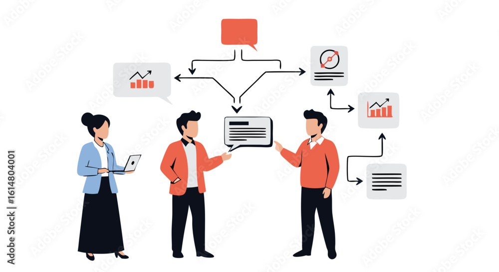 Fototapeta premium Data Sharing Team Meeting: A contemporary vector graphic depicts a group of professionals engaged in a collaborative discussion, centered around data visualization and strategic planning.