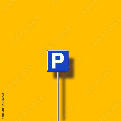 A blue parking sign with a shadow on a vibrant yellow background. The clean and simple composition makes it perfect for icons or urban-themed visual storytelling.