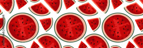 Juicy seamless pattern with watermelon slices. For summer backgrounds, food packaging, fabric prints