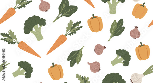 Fresh Vegetables Pattern: A vibrant and colorful illustration showcasing an array of fresh, healthy vegetables arranged in a lively pattern, embodying the essence of natural, wholesome nutrition.