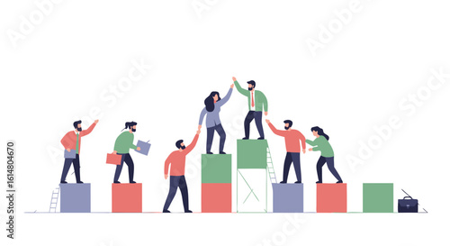 Reaching the Summit: A team collaboratively ascends a colorful chart, symbolizing teamwork, goals, and the pursuit of success. The illustration evokes aspiration, resilience.