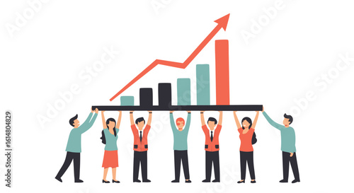 Teamwork and Business Growth: A graphic representation of a diverse group of individuals working together to support a graph representing the rise in business success.