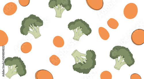 Healthy Broccoli and Egg Pattern: A vibrant pattern features fresh broccoli florets and perfectly round orange egg elements, celebrating the delightful combination of health and culinary artistry.