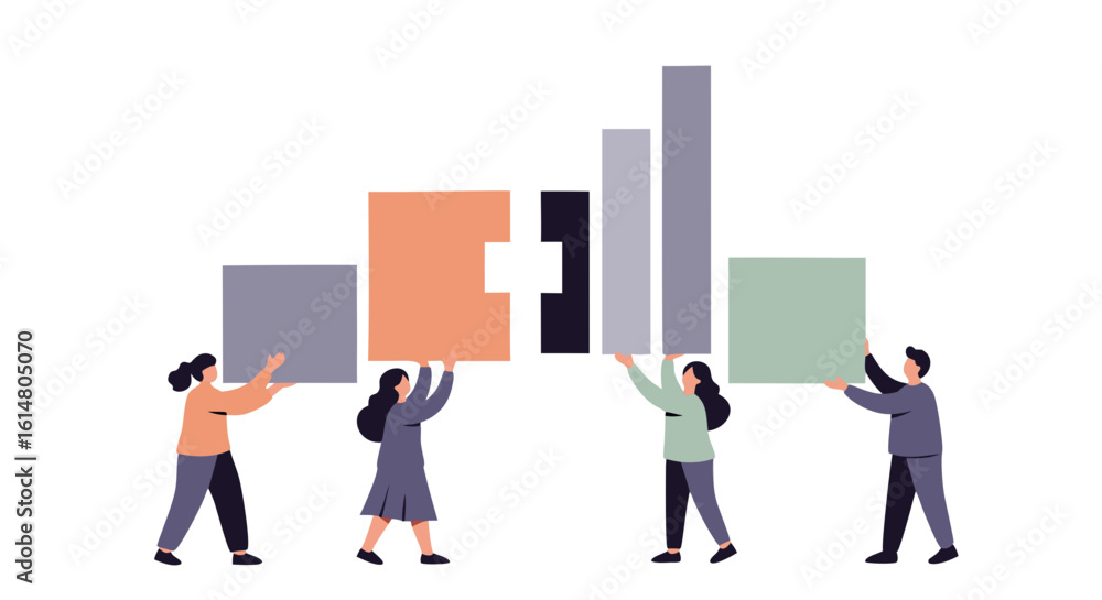 Obraz premium Building a Business Success: A visual representation of team members collaborating to construct a data graph, symbolizing growth and achievement. Illustrates the power of partnership.
