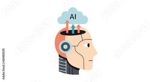 AI Brain Illustration: Depicting a fusion of technology and intellect, a stylized human head opens to reveal an AI cloud.