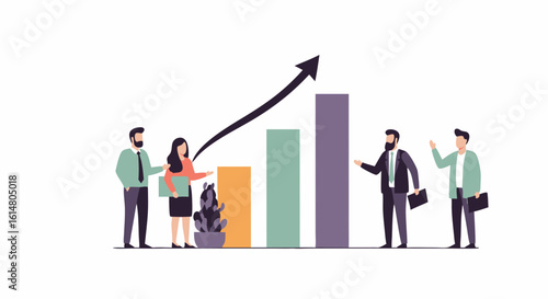 Rising Trends in Business: A group of business professionals stand around a graphical bar, an arrow indicating a rise, and they are witnessing a growth of their company in graphical form.
