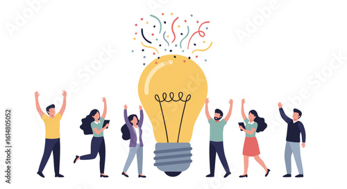 Bright Idea: A group celebrates an innovative concept, represented by a radiant lightbulb, with confetti adding to the excitement, symbolizing the moment of inspiration.