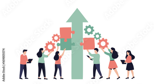 Collaboration towards Growth: A team of individuals collaboratively assembling puzzle pieces and aligning gears to construct an upward-pointing arrow.