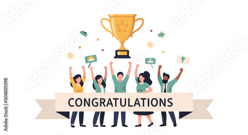 Trophy Celebration: A vibrant graphic of individuals celebrating a victory, with a golden trophy, capturing the essence of achievement and congratulations.