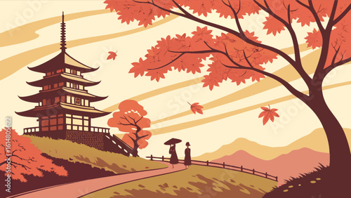 Japanese pagoda in autumn landscape illustration with falling leaves and people walking on path art