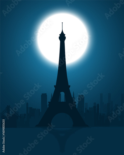 Eiffel Tower Silhouette Against Full Moon in Paris Night Skyline