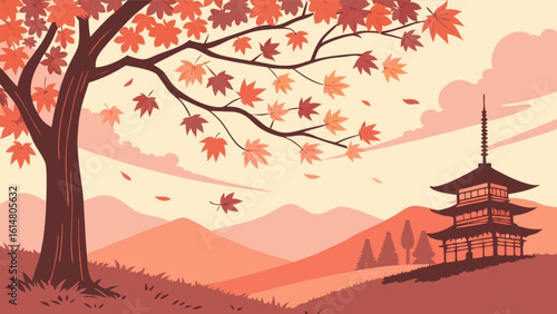Autumn japanese landscape with pagoda temple and maple leaves falling vector illustration design art