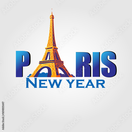 Paris New Year Typography with Eiffel Tower Illustration