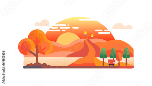 Autumn landscape vector illustration with fall trees road and sunset background for graphic design project