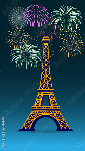 Colorful Fireworks Behind Eiffel Tower on New Year Night Celebration