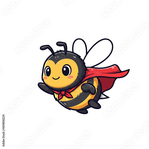A cheerful cartoon insect wearing a cape and scarf flies with a determined expression ready to save the day.