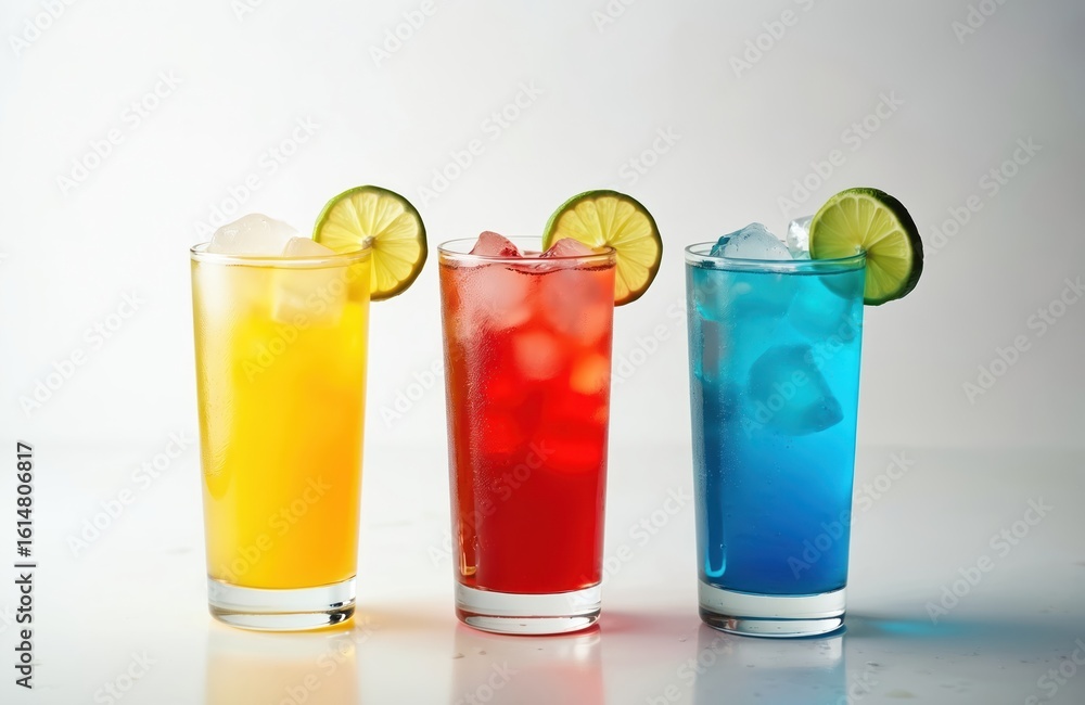Three colorful cocktails with ice and lime slices in glasses. Vibrant yellow red blue beverages on clean white background. Refreshing summer drinks, perfect for parties bars cafes. Three colorful cocktails with ice and lime slices in glasses. Vibrant yellow red blue beverages on clean white background. Refreshing summer drinks, perfect for parties bars cafes.