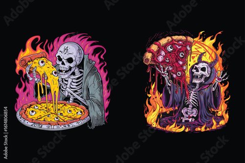 Skeleton grim reaper eating pizza eyes flames
