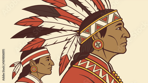 Illustration of native american indian chief with headdress feathers and traditional tribal clothing design