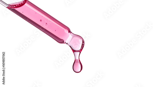 Captivating pink serum droplet falling from laboratory pipette, showcasing scientific precision and beauty.