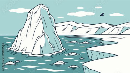 Cartoon iceberg landscape scene with arctic ocean mountains and bird in flight vector illustration