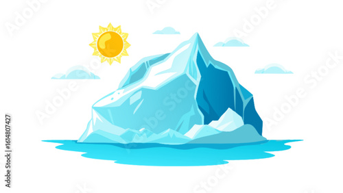 Cartoon iceberg floating in ocean with sun and clouds climate change arctic antarctic landscape scene