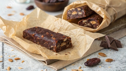 Cocoa and date energy bar wrapped in parchment ready for a healthy snack