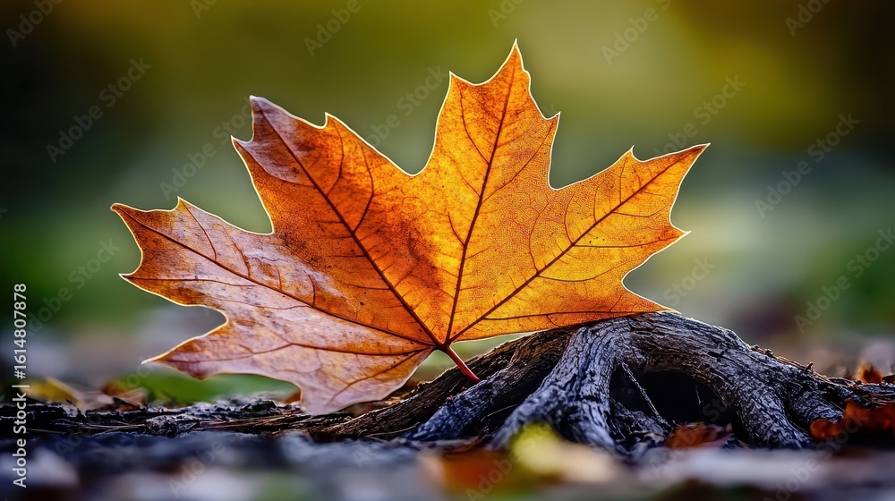 Vibrant Autumn Maple Leaf Resting on Weathered Tree Root Vibrant Autumn Maple Leaf Resting on Weathered Tree Root