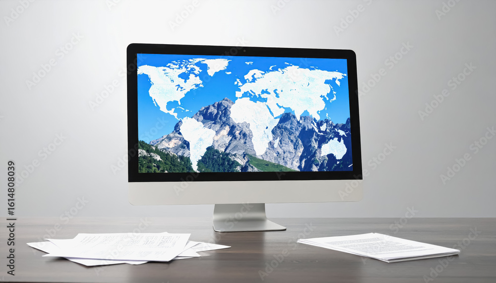 Fototapeta premium Computer screen featuring a detailed world map with geographic information for mineral rights and exploration