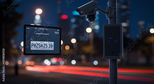 Modern Traffic Monitoring Camera System with License Plate Recognition Technology at Night